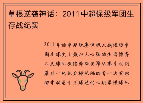 草根逆袭神话：2011中超保级军团生存战纪实